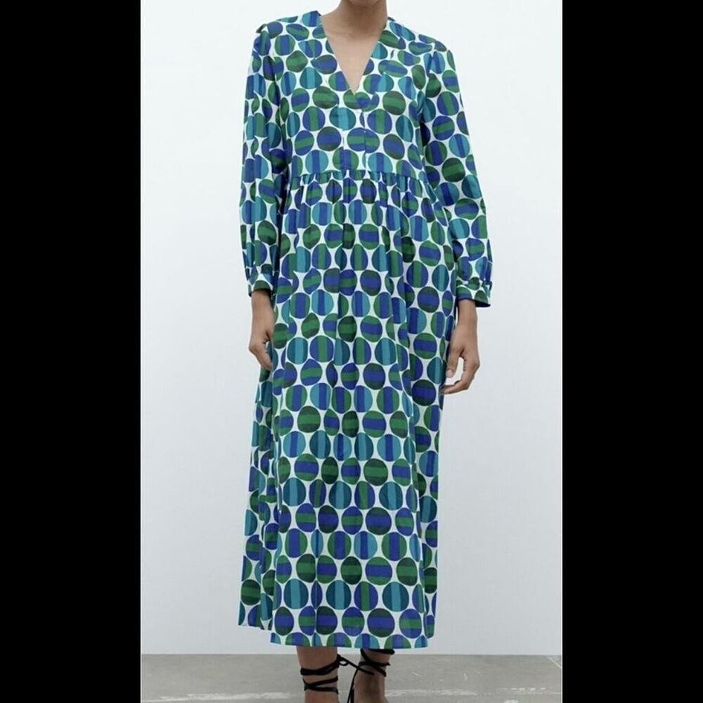 Zara Blue and Green Geometric Print Dress, Chic and Comfy, Size Small